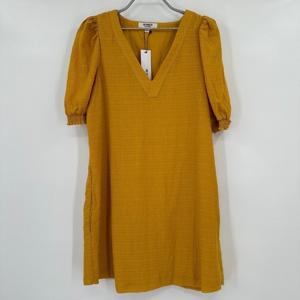 BB Dakota Marigold Yellow Textured Gauze Mini Dress Puffed Sleeves V-neck sz S